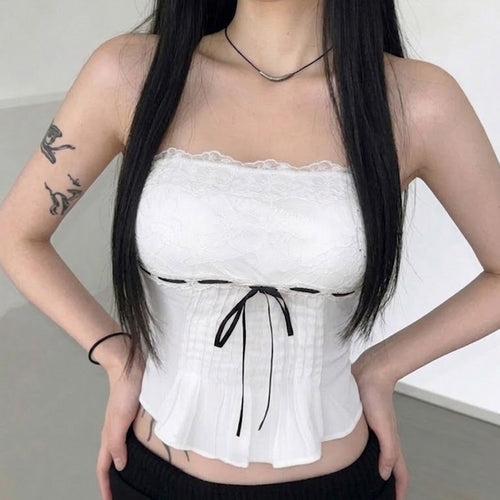 Damen-Spitzen-Bandeau-Top mit Raffungen und dekorativem Bindeband Drune