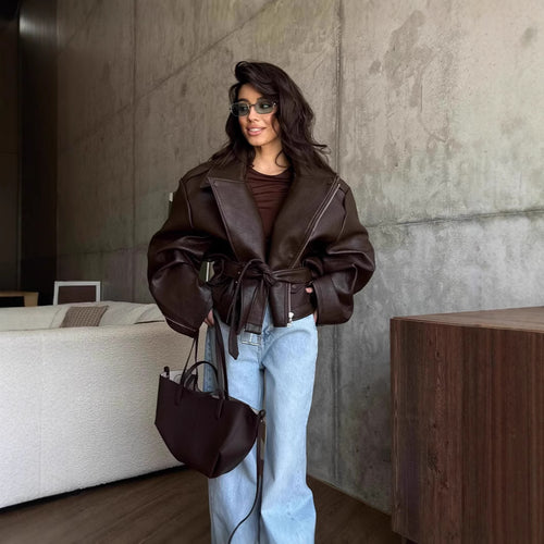 Damen elegante Kunstlederjacke mit Gürtel und übergroßen Ärmeln Drune