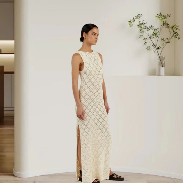 Damen Maxikleid mit dekorativem Rautengewebe und seitlichem Schlitz Drune