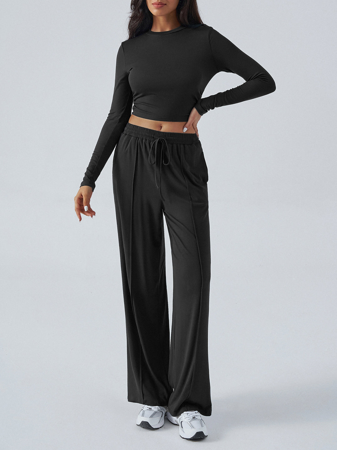 Damen lässiges Lounge-Set mit langärmligem Crop-Top und weitem Bund Drune