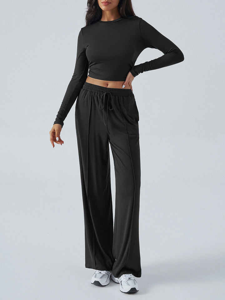 Damen lässiges Lounge-Set mit langärmligem Crop-Top und weitem Bund Drune