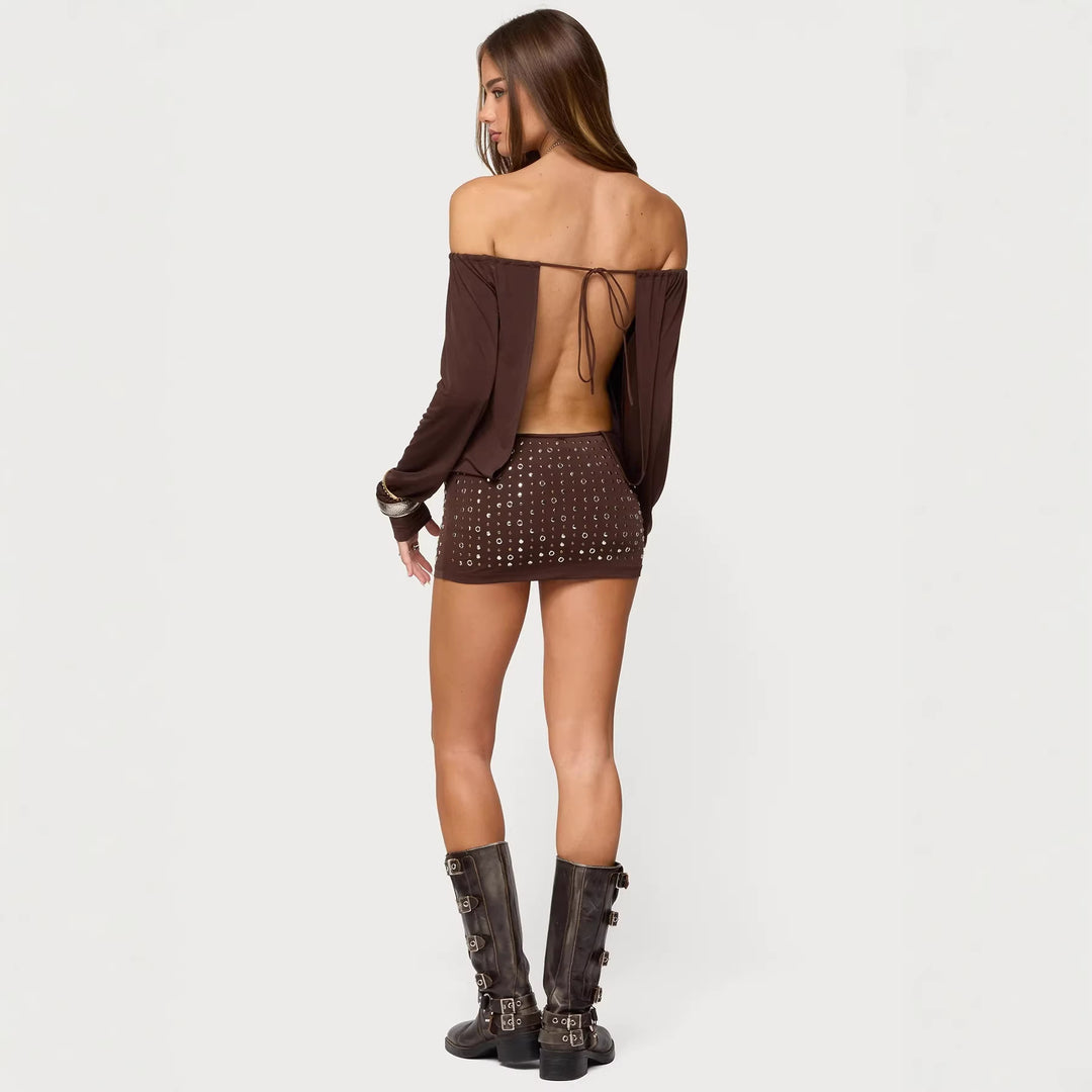 Damen Off-Shoulder Top mit eleganten langen Ärmeln und figurbetontem Rock Drune