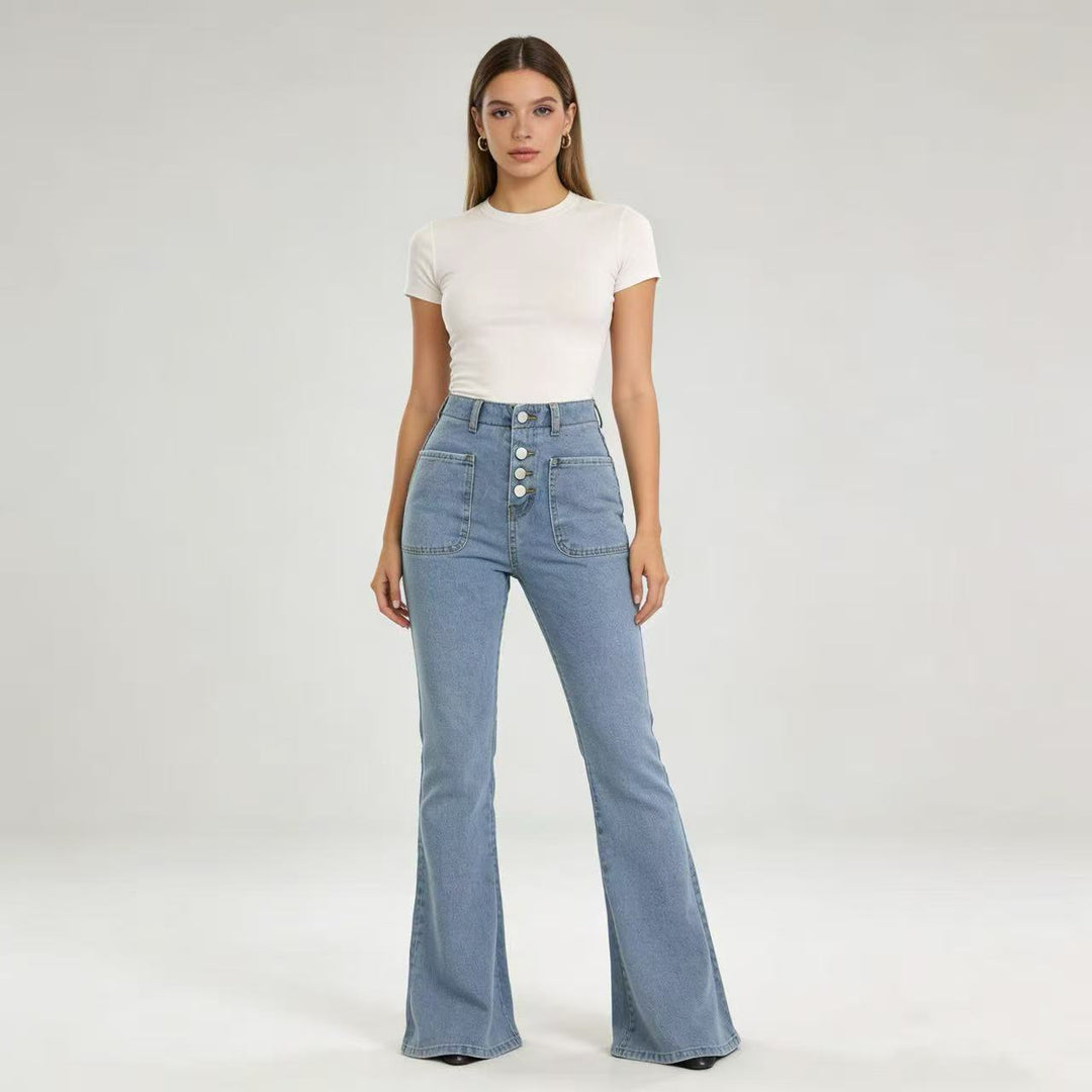 Damen Bootcut-Jeans mit hohem Bund und knöpfbarem Verschluss Drune