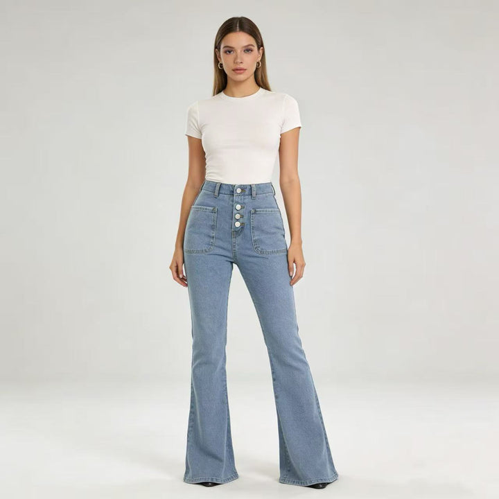 Damen Bootcut-Jeans mit hohem Bund und knöpfbarem Verschluss Drune