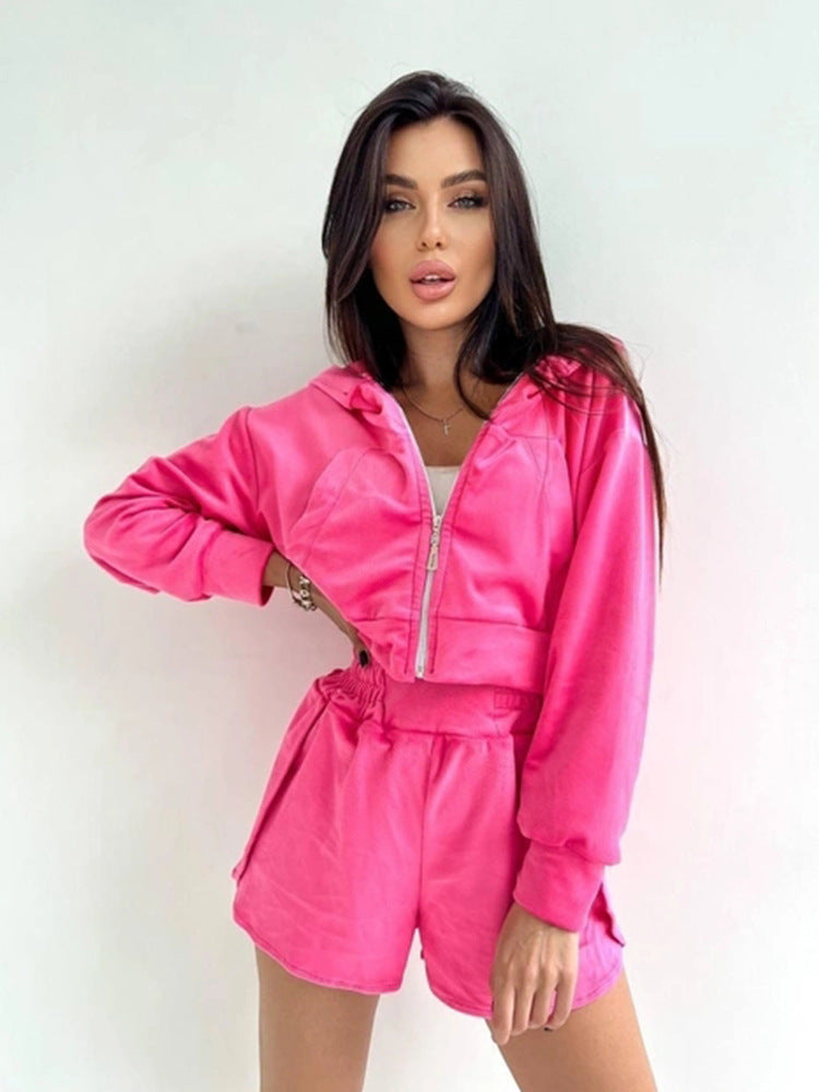 Damen sportliches Cropped Hoodie und Shorts-Set Drune