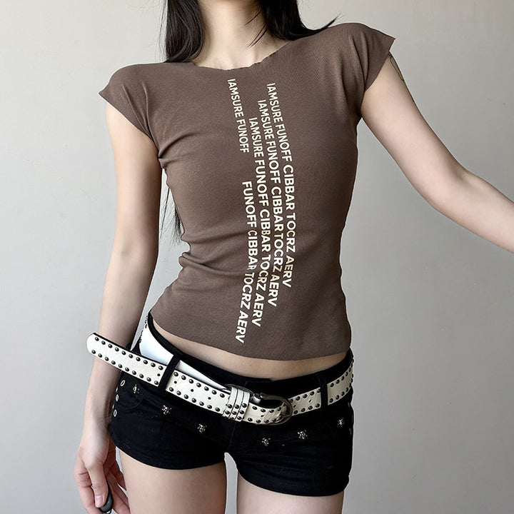 Damen trendiges Kurzarm-Shirt mit auffälligem Schriftzug Drune
