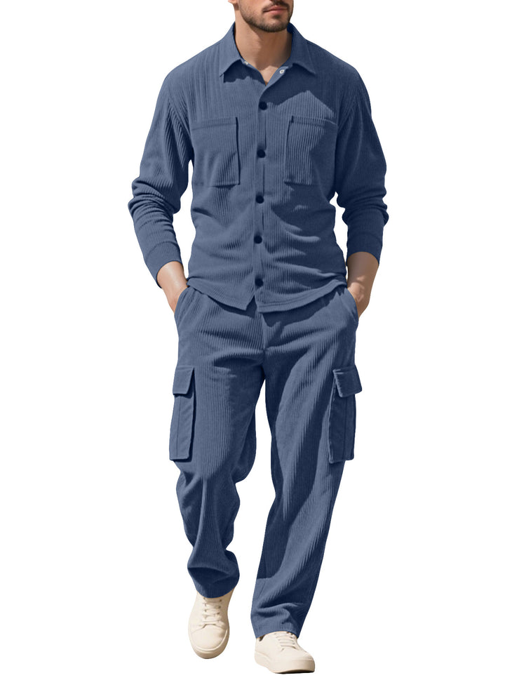 Herren nan geripptes Worker-Hemd mit Brusttaschen und entspannter Cargohose Drune