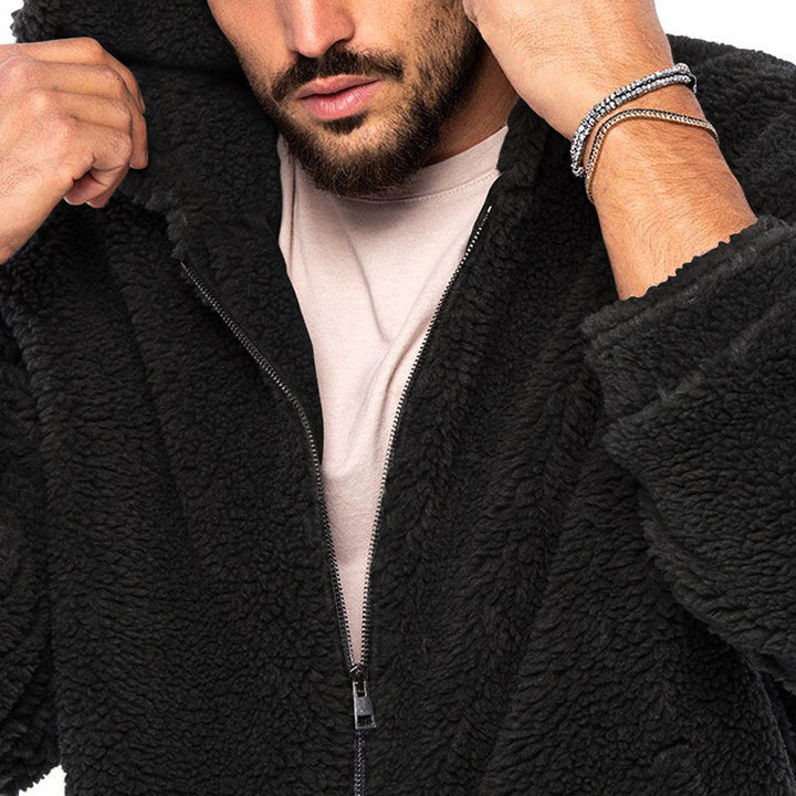 Herren nan voluminöse Sherpa-Hoodie Jacke mit Bomber-Schnitt, verdecktem Reißverschluss und Ärmeltasche Drune