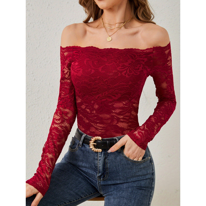 Damen Spitzenbody mit schulterfreiem Design und langen Ärmeln Drune