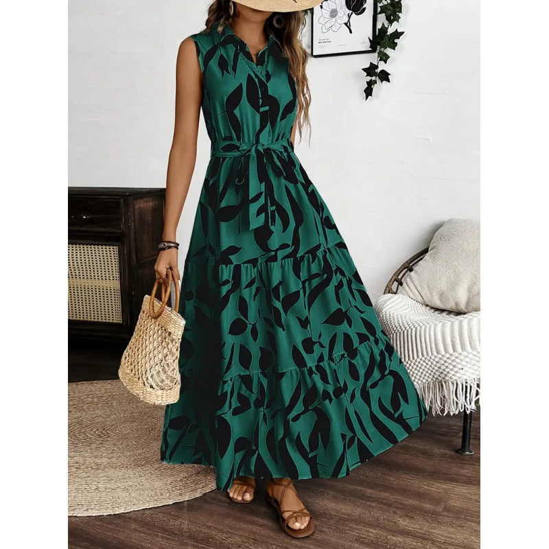 Damen Maxi-Kleid mit maskulinem Blätterdruck und tailliertem Gürtel Drune