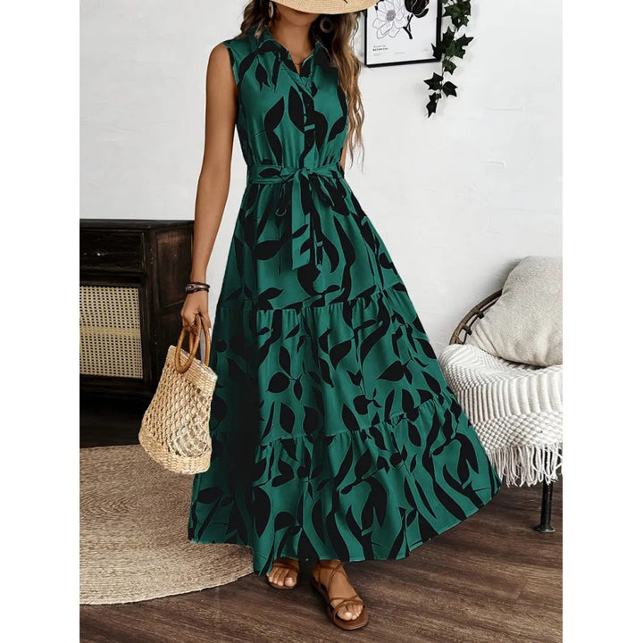Damen Maxi-Kleid mit maskulinem Blätterdruck und tailliertem Gürtel Drune