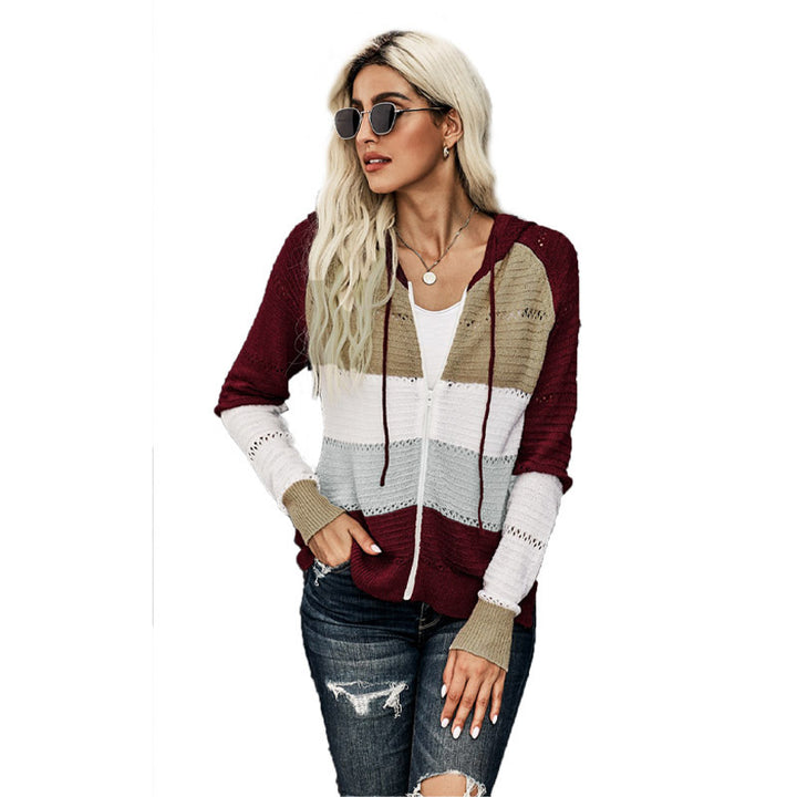 Damen lässige Strickjacke mit Kapuze und dekorativem Lochmuster Drune