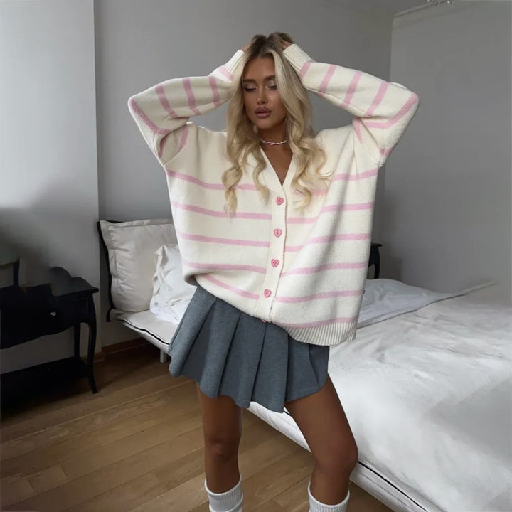 Damen Grob gestrickter Cardigan mit zarten Streifen Drune