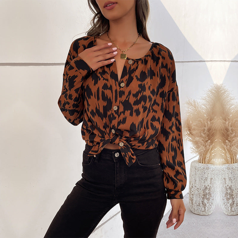 Damen Bluse mit Knotenverschluss und animalischem Print Drune
