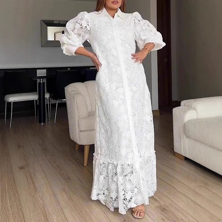 Damen Elegantes Spitzenmaxikleid mit voluminösen Ärmeln Drune