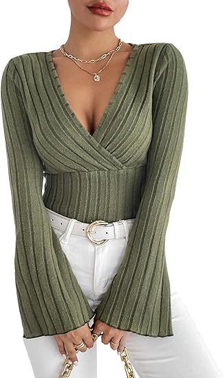 Damen Strickoberteil mit Wickeldesign und weitem Ärmel Drune