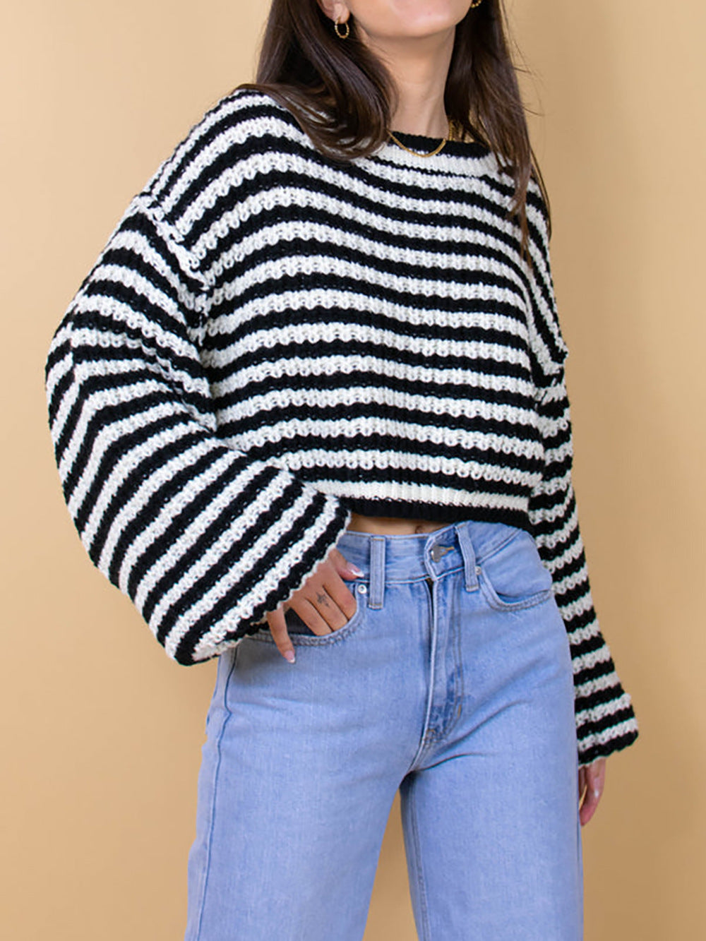 Damen Cropped Strickpullover mit weit ausgestellten Ärmeln und Streifenmuster Drune