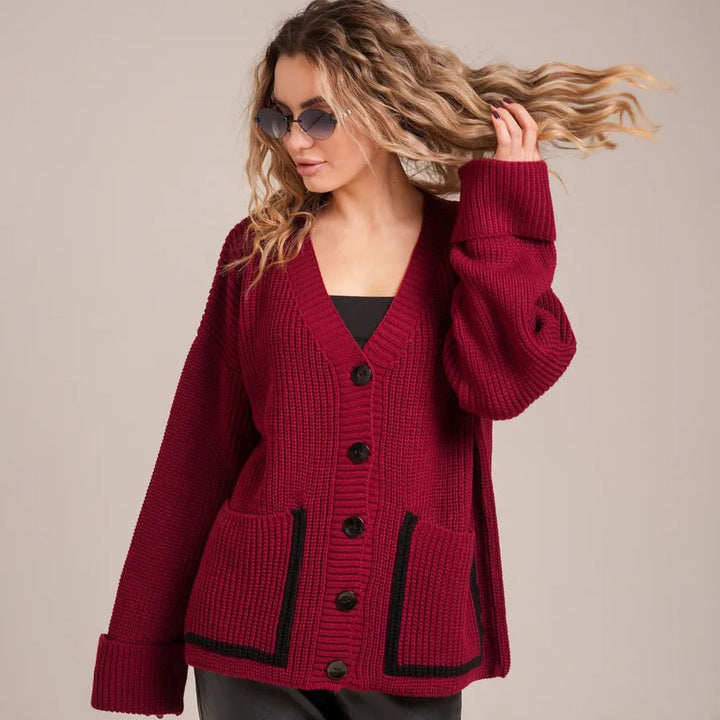 Damen Grobstrickjacke mit großen Taschen und dekorativem Knopf Drune