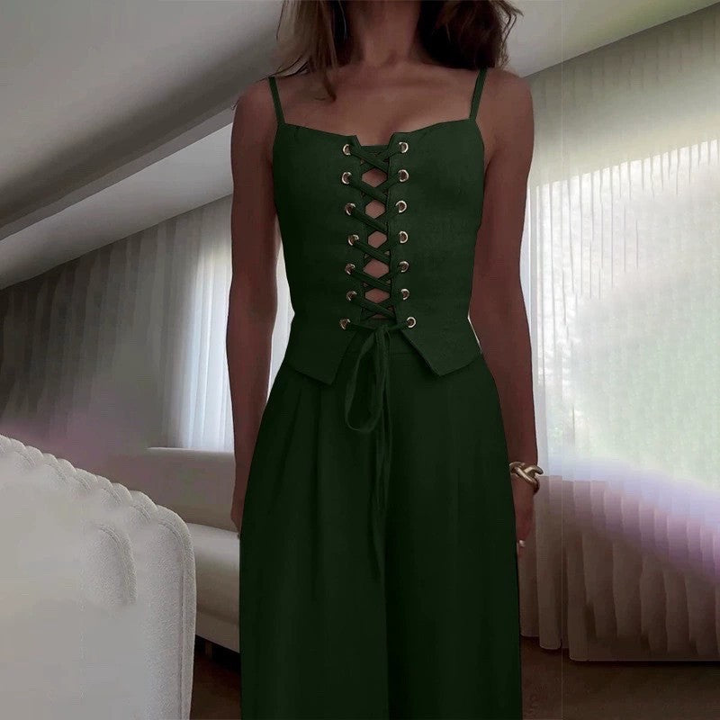 Damen Jumpsuit mit femininer Schnürung und weit geschnittenem Bein Drune