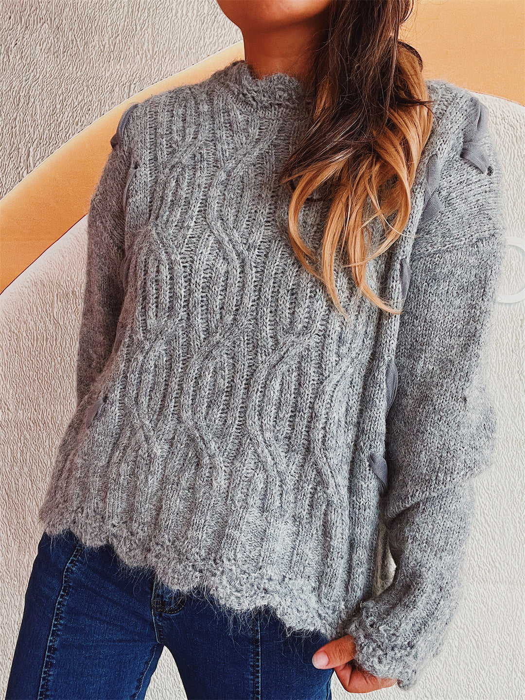 Damen Grobstrickpullover mit modischem Zopfmuster und einzigartigen Schneeflocken-Applikationen Drune