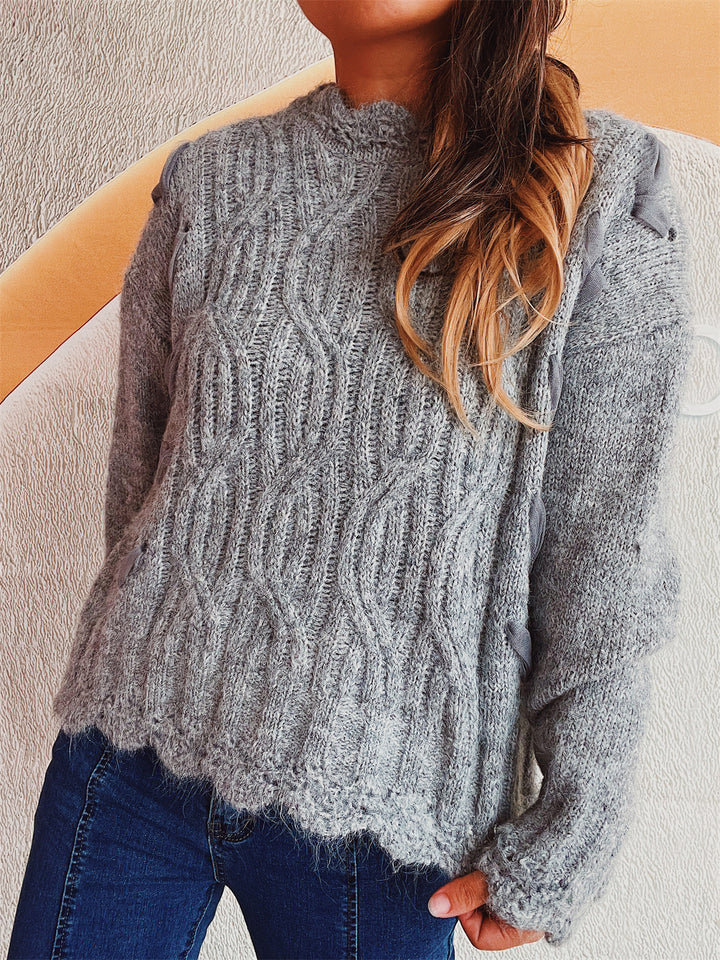 Damen Grobstrickpullover mit modischem Zopfmuster und einzigartigen Schneeflocken-Applikationen Drune