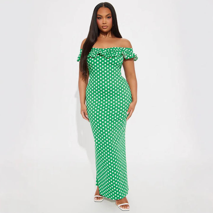 Damen Elegantes Maxikleid mit Rüschendetails und Polka-Dots Drune
