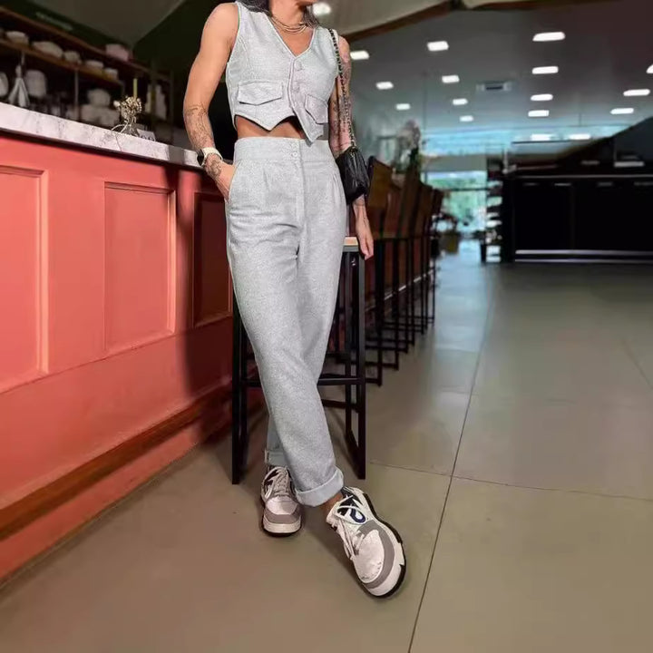 Damen Bequemes Lounge-Set mit Knopfdetails und weitem Bein Drune
