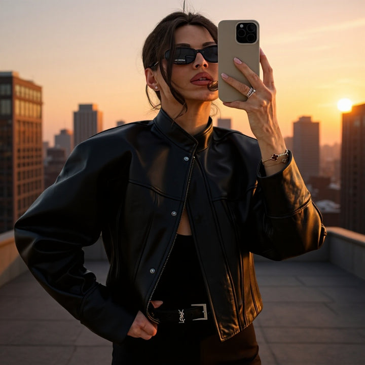 Damen Modische Kunstlederjacke mit elegantem Stehkragen und strukturiertem Design Drune