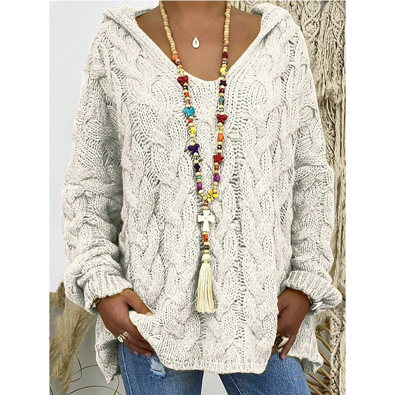 Damen Hoody aus Grobstrick mit V-Ausschnitt und dekorativem Kordelzug Drune
