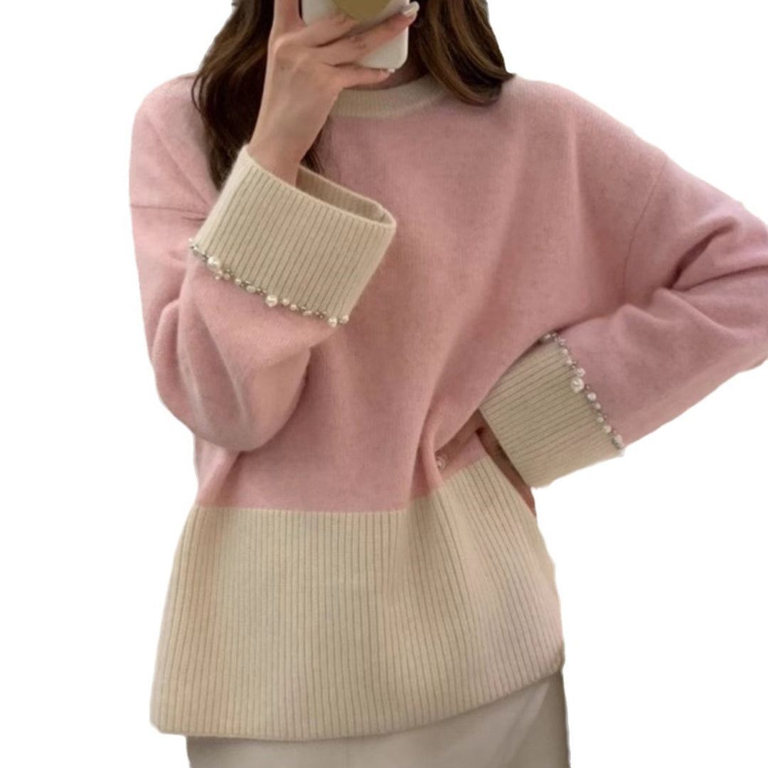 Damen Modischer Strickpullover mit perlverzierten Ärmeln Drune