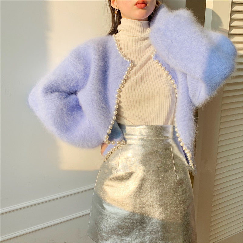 Damen Luxuriöse Strickjacke mit Perlendetails und voluminösen Ärmeln Drune
