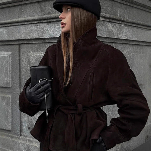 Damen modische Kunstlederjacke mit breitem Revers und taillierbarem Gürtel Drune