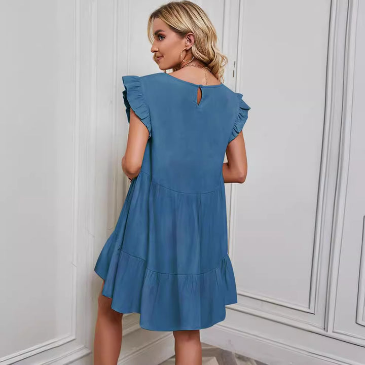 Damen Luftiges Freizeitkleid mit Rüschendetails und schwingendem Rock Drune