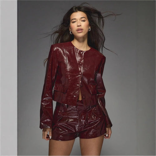 Damen Kunstlederjacke mit glänzendem Finish und eleganten Blenden Drune