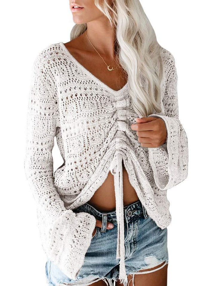 Damen angesagter V-Ausschnitt Pullover mit Raffung Drune