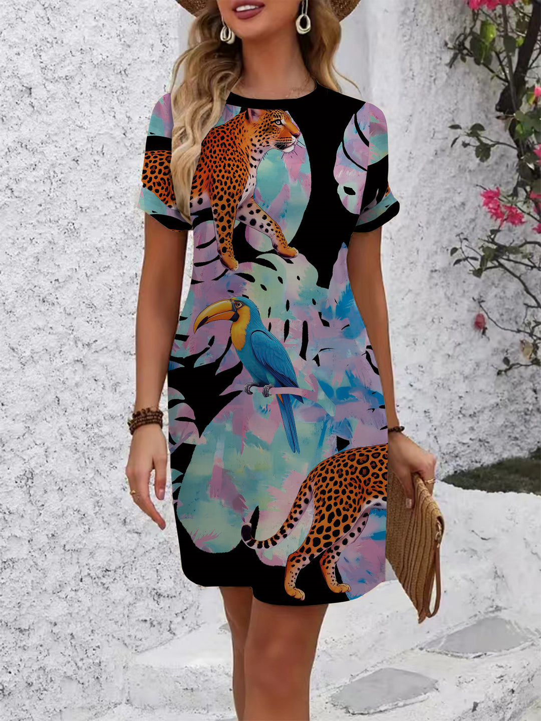 Damen lässiges Kurzarmkleid mit floralen Motiven und bequemen Schnitt Drune