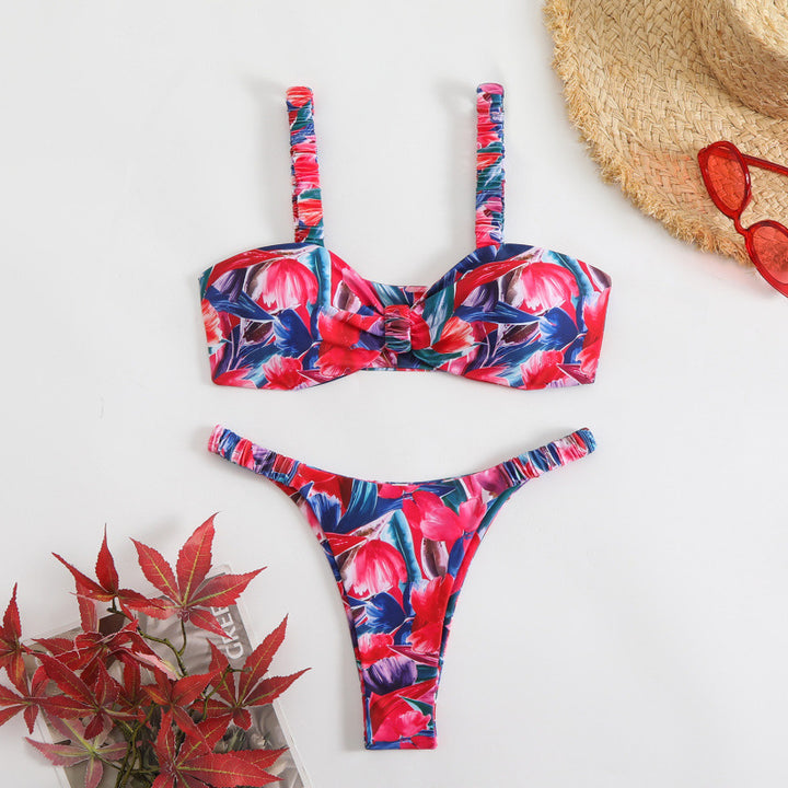 Damen Triangel-Bikini mit tropischem Druck und zarten Rüschen Drune