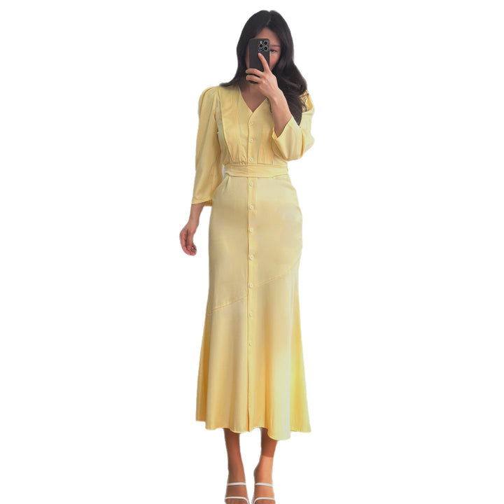 Damen Maxi-Kleid mit Knopfleiste und eleganten Puffärmeln Drune