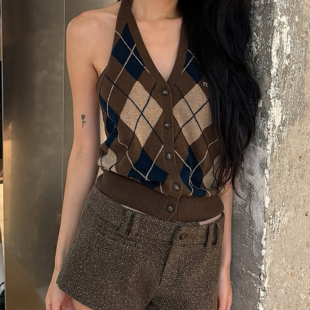 Damen ärmelloser Strickpullover im klassischen Karomuster Drune