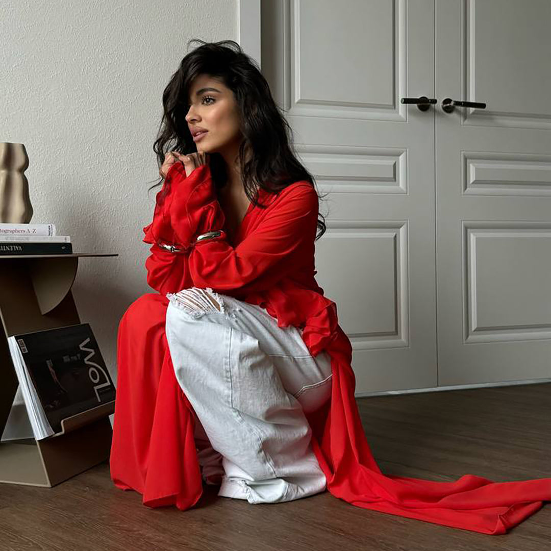Damen Elegantes, fließendes Maxikleid mit weitem Schnitt und Rüschendetails Drune