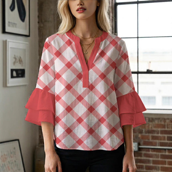 Damen Bluse mit voluminösen Flügelärmel und intensivem Blattmuster Drune