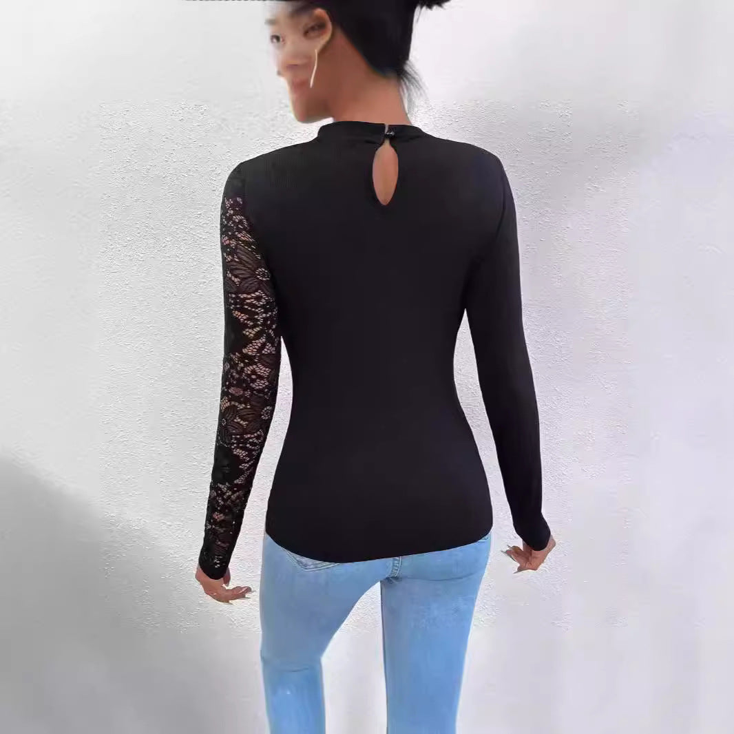 Damen Elegantes Oberteil mit transparenten Spitzenärmeln und asymmetrischem Ausschnitt Drune