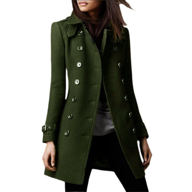 Damen eleganter Trenchcoat mit doppelter Knopfreihe und gewichtetem Kragen Drune