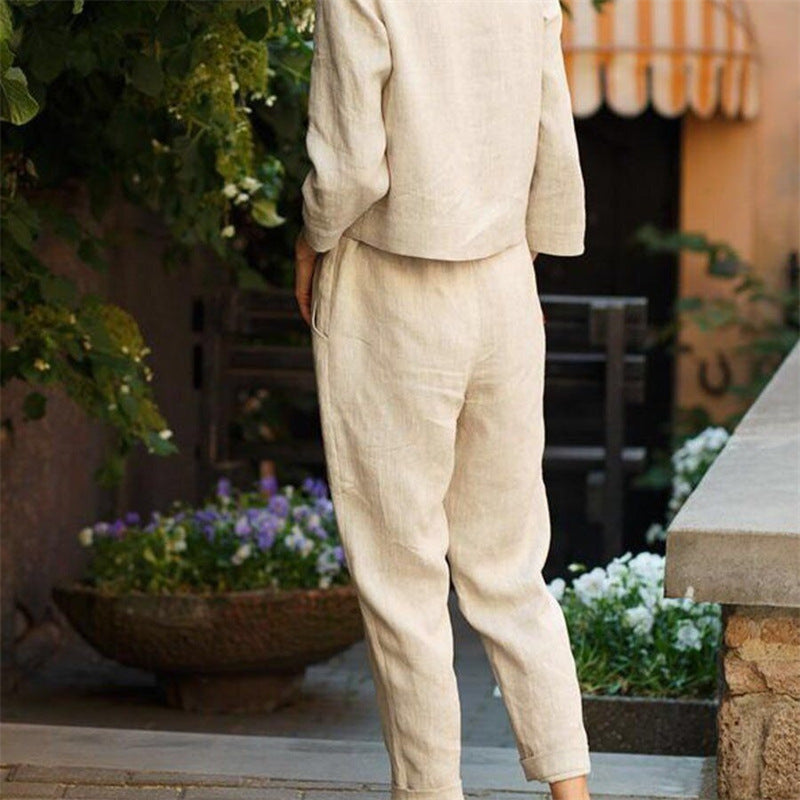 Damen Lässiges Zweiteiliges Leinen-Outfit mit breitem Bund Drune