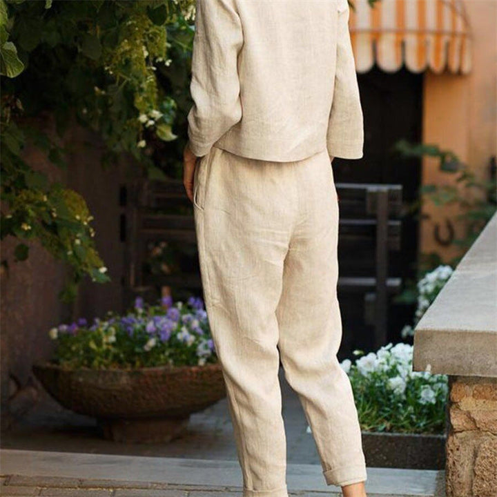 Damen Lässiges Zweiteiliges Leinen-Outfit mit breitem Bund Drune