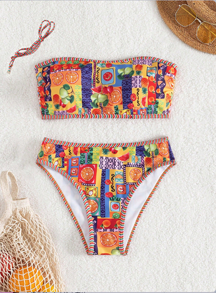 Damen Bandeau-Bikini mit buntem Fruchtmuster Drune