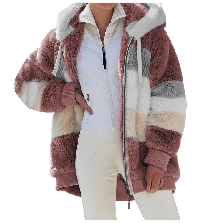 Damen nan oversized Kapuzenjacke aus Kunstfell mit Colourblock-Design, Zweiwege-Reißverschluss und Rippbündchen Drune