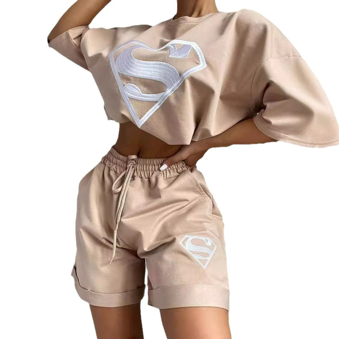 Damen sportliches Kurzarm-Shirt und Shorts-Set mit exklusivem Logo-Design Drune
