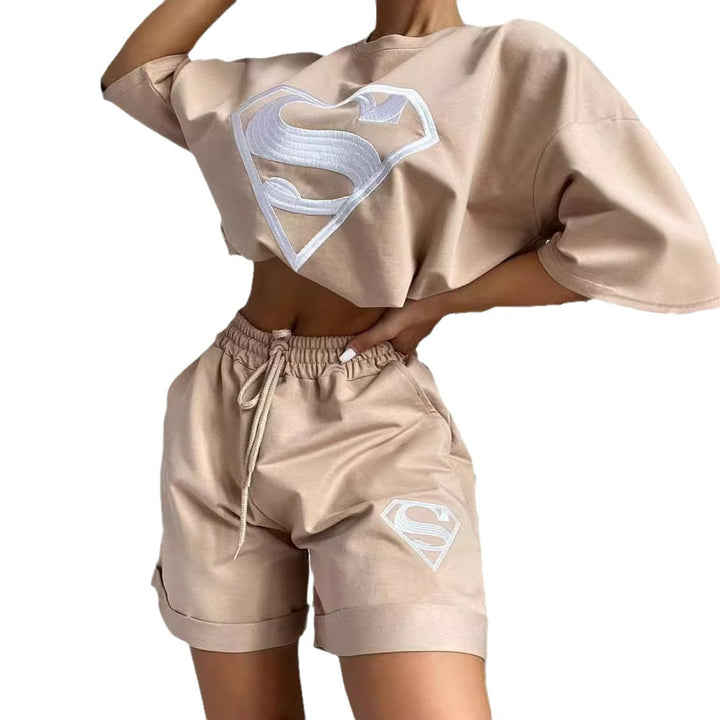Damen sportliches Kurzarm-Shirt und Shorts-Set mit exklusivem Logo-Design Drune