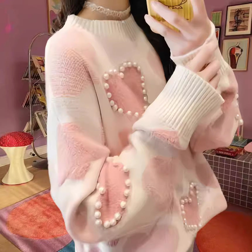 Damen Gemusterter Strickpullover mit Herz-Applikationen und Rippkragen Drune